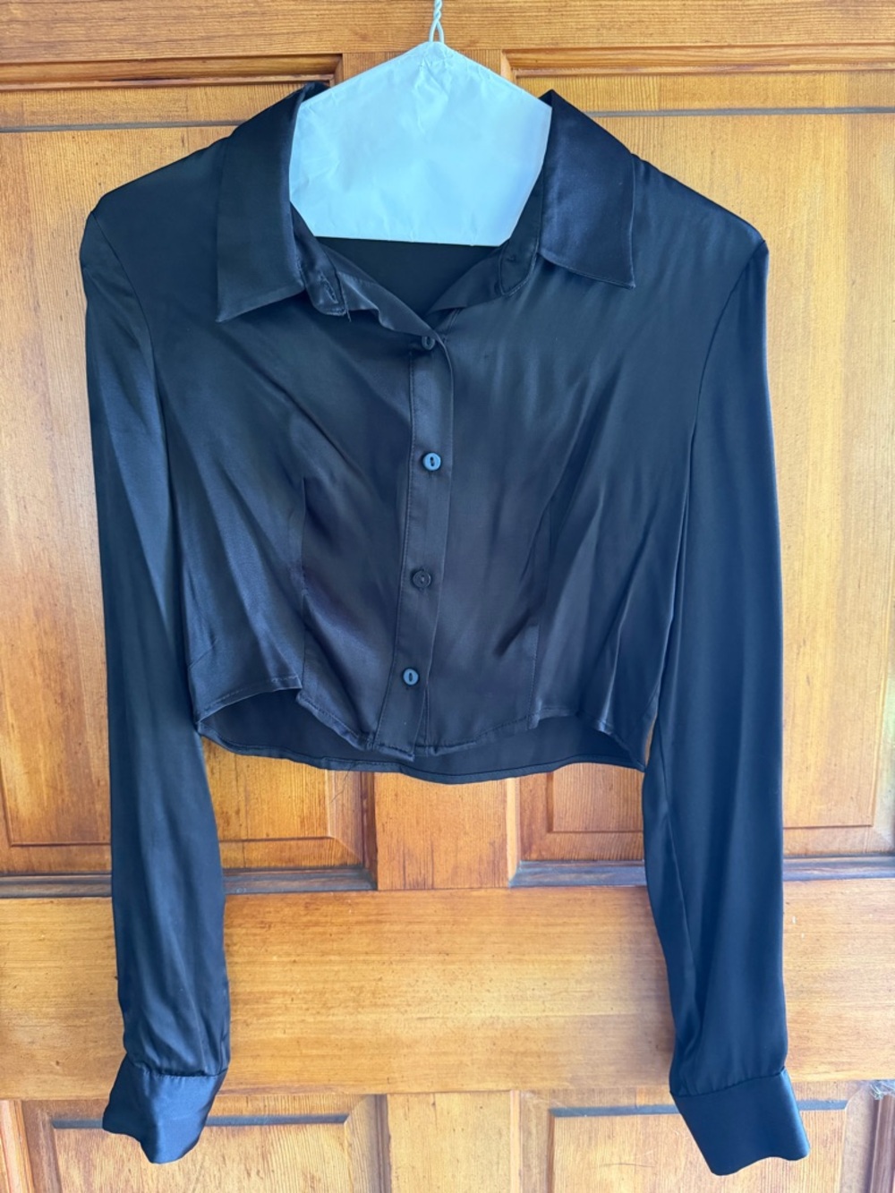 Bershka Satin Black Cropped Button-Down Shirt